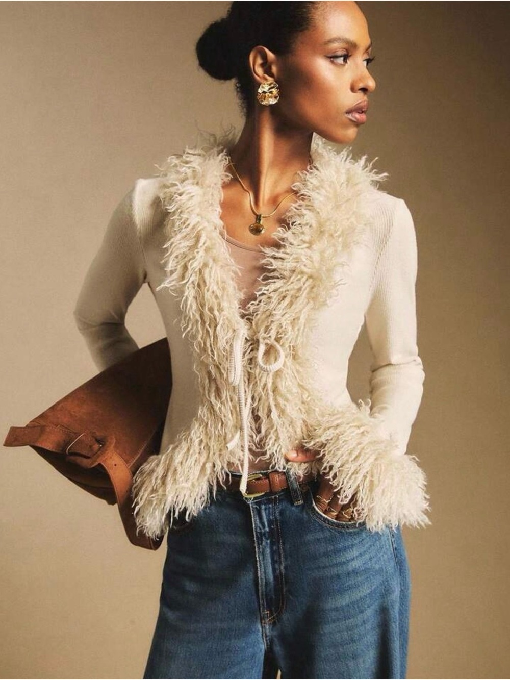 Faux-Fur Trim Cream Cardigan Jacket